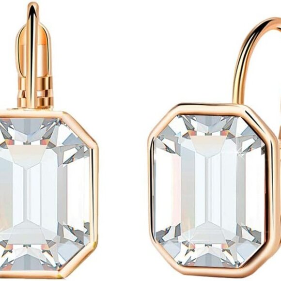 Jewelry - Austrian Crystal Octagon Leverback Drop Earrings for Women 14K Rose Gold Plated